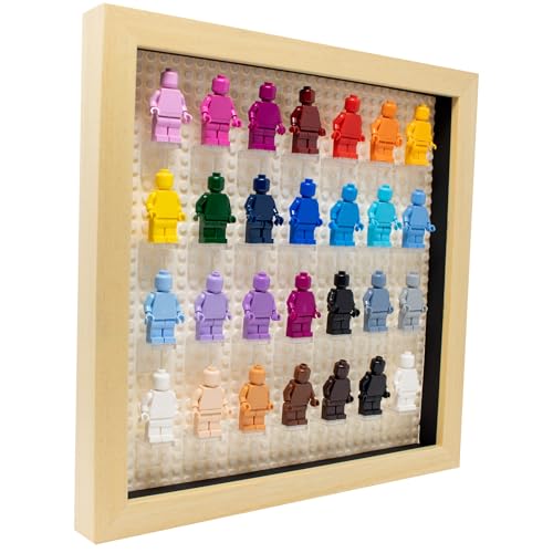 Figurine Display Case 10x10 Natural Shadow Box for Miniature Figures 10x10 Natural Wood Shadow Box with White Base to Display Up to 28 Block Figures - color: Natural With White Backing, size: 10x10
