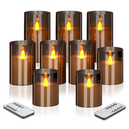 Flameless Candles 4" 5" 6" Acrylic Glass Pillars 3" Diameter Battery Operated Flickering Candles Include Remote with 24Hour Timer Function 400+ Hours by 2 AA Batteries (Gray, Warm Light 9 Pack) - color: Gray, size: Warm Light 9 Pack