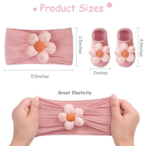 CÉLLOT Baby Girl Headband and Socks, Non-Slip Floral Socks and Soft Floral Nylon Hairbands for Babies Infants and Toddlers（dot） - color: White+Beige+Pink（Socks）