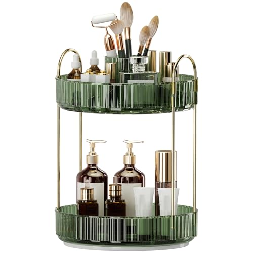 360° Rotating Makeup Organizer, Large-Capacity Skincare Make Up Storage 2 Tier Perfume Organizers Cosmetic Dresser Organizer with Makeup Brush Holder, Fits Bedroom, Bathroom, Vanity Shelf Countertop - color: Gem Green, size: 2 Tier