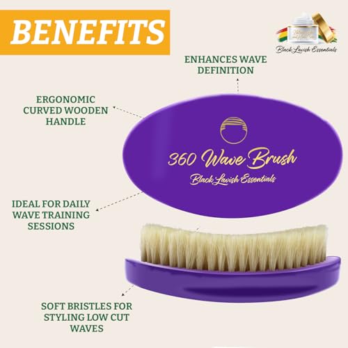 360 Wave Brush, Build Deeper Waves, Soft & Hard Boar Bristle Curved Brushes BLACK LAVISH ESSENTIALS Gold Bristle (Soft Brush, Purple) - color: Purple, size: Soft Brush
