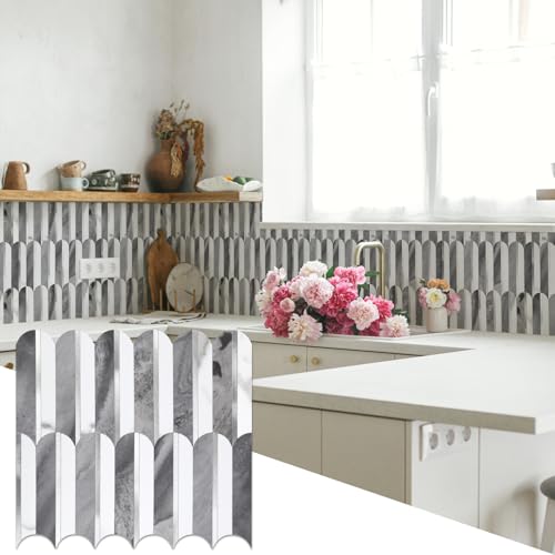 10-Sheet Fish Scale Peel and Stick Backsplash for Kitchen Wall Tiles,12 inches Gray and Marble Mixed Metal Gold 3D PVC Wall Tile Stick on Backsplash for Kitchen and Bathroom - color: Dark Gray and Marble White Mixed Metal Gold