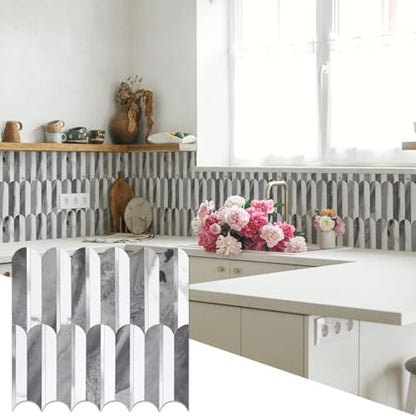 10-Sheet Fish Scale Peel and Stick Backsplash for Kitchen Wall Tiles,12 inches Gray and Marble Mixed Metal Gold 3D PVC Wall Tile Stick on Backsplash for Kitchen and Bathroom - color: Dark Gray and Marble White Mixed Metal Gold