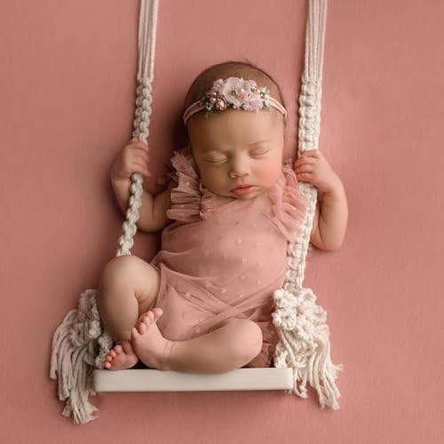 DICHA Handmade Macrame Newborn Photography Props with 2 Backdrop Clips-Baby Swing Photo Shoot Accessory–Wooden Newborn Photoshoot Props -NOT Toy-Cream Rope with White Wood 1-12 M - color: White, size: 1–12M