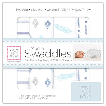 SwaddleDesigns Cotton Muslin Swaddle Blankets, Set of 4, Receiving Blankets for Baby Boys & Girls, Best Shower Gift, 46x46 inches, Denim Indigo - color: Denim Indigo