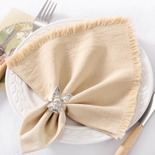DeZerlor 6 Pack Champagne Cotton Linen Napkins with Fringe Summer Cloth Napkins Set of 6 Boho Handmade Dinner Napkins Bulk for Wedding Bridal Baby Shower Parties, 17 x 17 Inches - color: Beige, size: 17" x 17" (Set of 6)