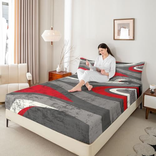 Red and Gray Bed Sheet Set Modern Abstract Art Fitted Sheet for Kids Boys Girls Teens Retro Circle Bedding Set Swirl Bed Cover 3Pcs with 2 Pillow Case Queen Size - color: Multi Aa04, size: Queen