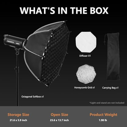 23.6"/60cm Bowens Mount Softbox - Professional Photography Soft Box with Honeycomb Grid, Light Diffusers, Carrying Bag for 120D 600D 300X RC 120D/120B RC 220B MS60B MS60C MS150B S101-300W/400W Pro - size: 23.6"/60cm Softbox