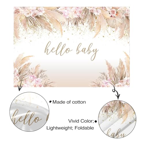 Mocsicka 7x5ft Boho Baby Shower Backdrop Hello Baby Boy Girl Shower Backdrop Decorations Party Banner Pampas Grass Boho Chic Pink Flowers Background Decorations Photo Booth Props - size: 7x5ft