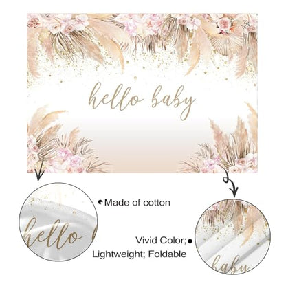 Mocsicka 7x5ft Boho Baby Shower Backdrop Hello Baby Boy Girl Shower Backdrop Decorations Party Banner Pampas Grass Boho Chic Pink Flowers Background Decorations Photo Booth Props - size: 7x5ft