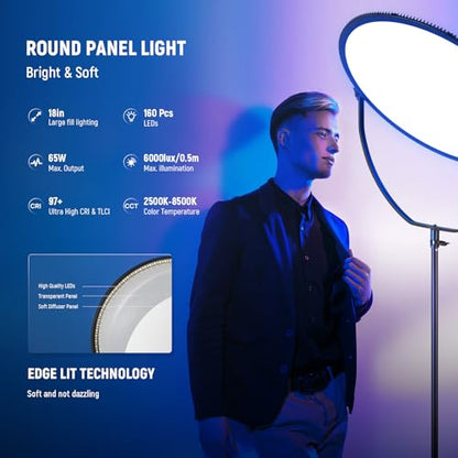 NEEWER 18" RGB LED Round Panel Video Light with APP Control, 65W 6000Lux/0.5m 2500K-8500K RGBCW Photography Studio Lighting /18 Scenes/V Battery Powered for Outdoor Filming Recording Streaming, GR18C - style: RGB