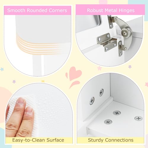 Costzon Kids Vanity, 2 in 1 Girls Vanity Set with Flip Top Mirror, Hidden Storage Space, Wooden Toddler Makeup Vanity Desk Dressing Table, Kids Vanity Table and Chair Set (White) - style: White with Flip Top Mirror