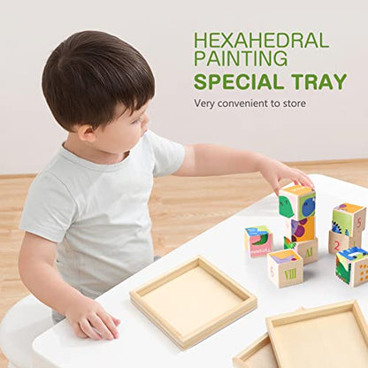 6pcs Unfinished Art Wood Tray Craft Painting Wood Panel Boards Square Montessori Tray Wooden Canvas Boards with Frame for Home Decor and Craft Projects - Painting Puzzle Blocks for Kids, 4.7"