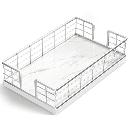 Wican Marble Guest Towel Holder Tray for Bathroom, Napkins Holder for Powder Room Dinning Table Wooden Basket for Disposable Paper Hand Towels Silvery and Marble White - color: Silver/Marble White, size: 9.06 x 5.51 x 2.56 inchs