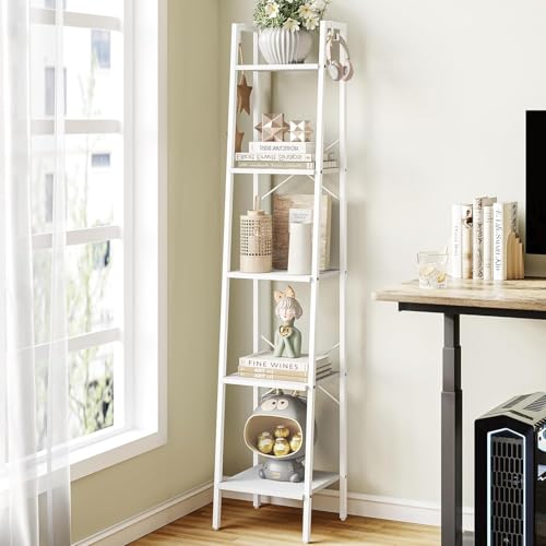 Hzuaneri Ladder Shelf, Bookshelf Bookcase, Freestanding Corner Storage Shelve with 2 Hooks for Home Office, Living Room, Kitchen, Bedroom, Industrial, 5-Tier White BC03213W - color: White, size: 11.8"D x 13.4"W x 63"H