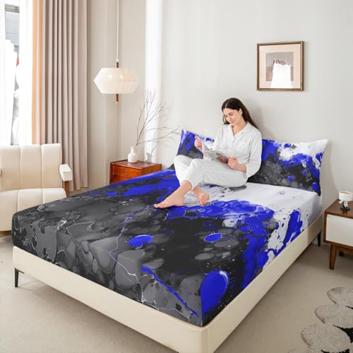 Abstract Art Fitted Sheet Blue Full Size Bed Sheets | Ombre Marble Texture Ink Fluid Art Gradient Black Marbling Bedding Set - color: Blue, size: Full