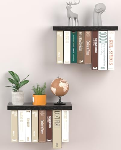 Tohiasen Floating Book Shelves for Wall Mounted Set of 2, Wood Hanging Bookshelf, Book Display Shelf for Wall, Unique Space Saving Book Shelf Wall Book Holder (Black) - color: Black