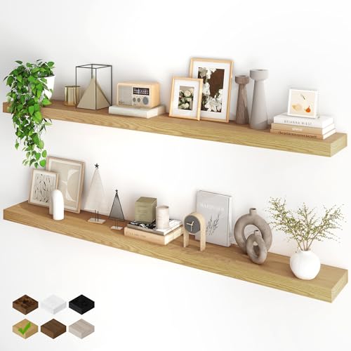 Fun Memories 66 Inch Fireplace Mantel - Long Floating Shelf, Wall Mounted Farmhouse Display with Invisible Heavy Duty Metal Bracket, Oak, 2 Pack - color: Oak, size: 67"W x 6.5"D