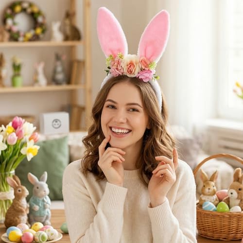 Bubbmi Easter Bunny Ear Headband with Flowers Crown Hairbands Festival Costume Hair Accessories for Women - color: Pinkear1