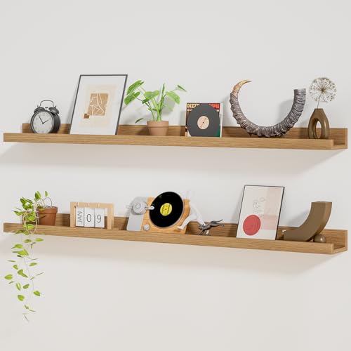 Heimlove Picture Ledge Shelf,48 inch Long Floating Shelves for Wall Set of 2,Picture Shelf with Lip for Wall Decor,Living Room,Bedroom,Bookshelf,Nursery,Perfume,Oak Color - color: Natural Oak, size: 48'', Set of 2
