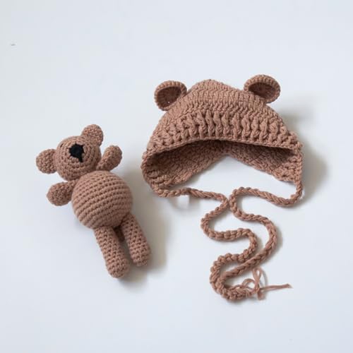 Zeroest Newborn Baby Boy Girl Photography Props Bear Hat Outfits Crochet Kint Handmade Cap Set for Newborn Photo Shoot - color: Camel