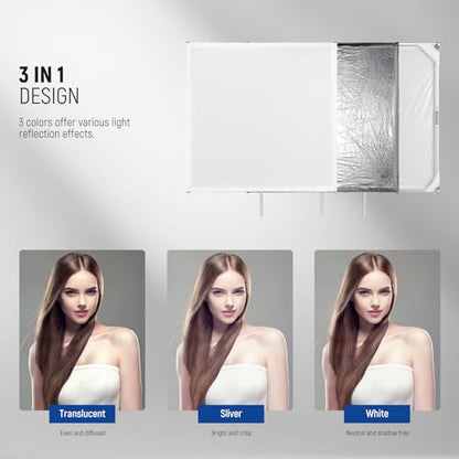 NEEWER Light Diffusion Panel Scrim Kit with Silver/White Reflector Film 30"x30" Foldable Frame with 5/8" Baby Pins Handle for C Stand 3 in 1 Diffuser for Studio Portrait Product Photography, SF7575F - size: 30"x30"
