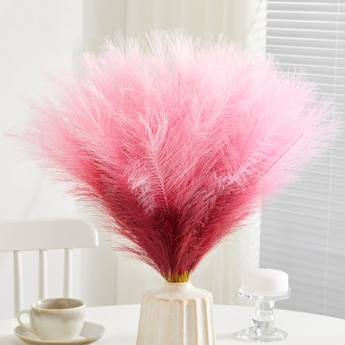 50pcs Faux Pampas Grass,17.7" Artificial Fluffy Pampas Grass Decor Short Fake Pompos for Home Room Birthday Party Centerpieces Decoration(Gridient Red) - color: Red