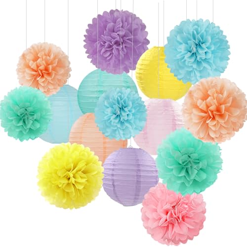 Pastel Rainbow Colorful Party-Decorations Paper Flowers Lanterns - 15PCS Birthday Classroom Baby Shower Tissue Pom Poms Streamers, Macaron Carnival Theme Hanging Supplies Decor Hugfond - color: Maca Rainbow