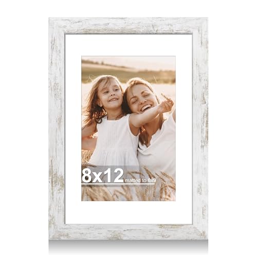 Hongkee 8x12 Picture Frame with Glass, Display Pictures 6x9 with Mat or 8 x 12 without Mat - Wall and Tabletop, 8 by 12 Photo Wooden Frames (Distressed White, 1 Pack) - color: Distressed White, size: 8X12 in