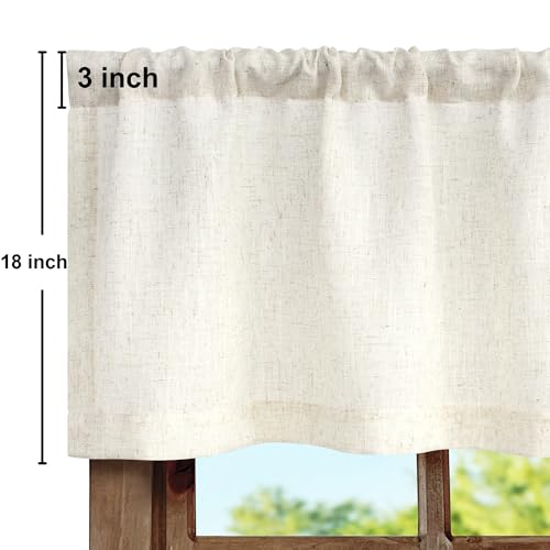 Natural Linen Window Valance for Kitchen 3 Inch Rod Pocket Semi Sheer Light Filtering Boho Rustic Farmhouse Cream Valance Curtain Topper for Bedroom Living Room Dining Bathroom 18 Inch Length Ivory - color: Natural