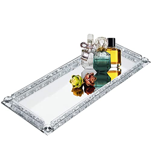 Crystal Glass Serving Tray, Crushed Diamond Filled Modern Glass Mirror Jewelry Trinket Tray, 13.7" x 5.9" Rectangular Makeup Perfume Tray for Bedroom Dresser, Home Decor, Banquet,Party(Silver) - color: Silver a