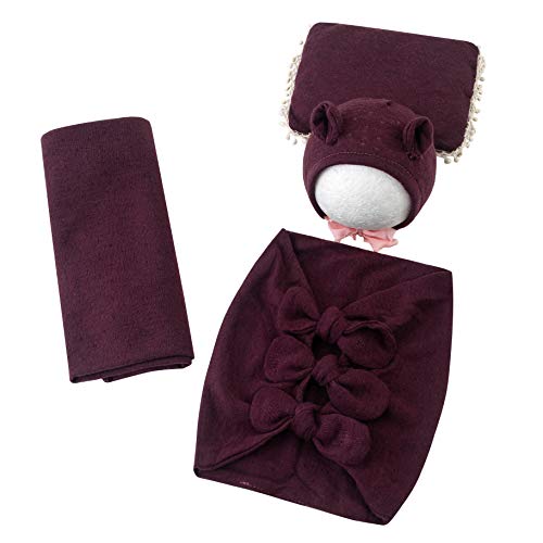 Newborn Baby Boy Girl Photography Props Bow Wrap, Posing Aid, Hat and Blanket Set of 4 Pcs - color: Purple Red