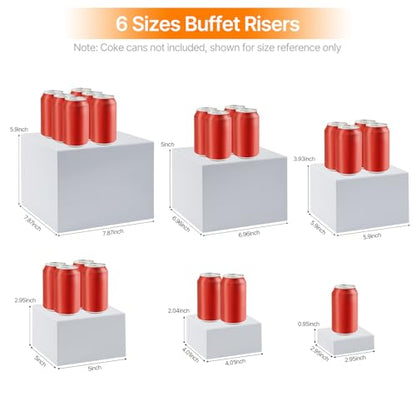 Nestable Buffet Risers - 6 Pcs White Acrylic Food Risers with Signs & Markers – Sturdy Dessert Table Display Stands for Parties, Catering, Jewelry & Collectibles (Easy-Store Stackable Cubes: 8", 7", 6", 5", 4", 3") - size: 8",7",6",5",4",3"