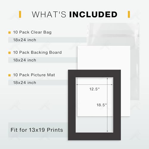 Golden State Art, Pack of 10, Pre-Cut 18x24 Black Picture Mat Kit for 13x19 Photo, 10 White Core Bevel Cut Mattes, 10 Backing Boards and 10 Clear Bags - color: Black, size: 18x24 for 13x19 (10 Pack)