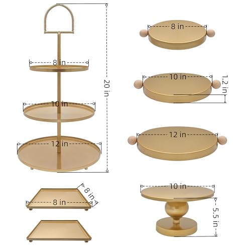 Set of 7 Gold Cake Stands Metal Dessert Display Holder Round 3 Tier Cupcake Stand Serving Tray Platter Cake Pedestal Stand for Party Weddings Birthday Baby Showers Anniversary - color: Gold