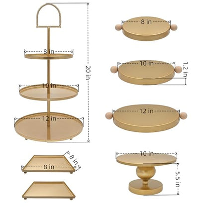 Set of 7 Gold Cake Stands Metal Dessert Display Holder Round 3 Tier Cupcake Stand Serving Tray Platter Cake Pedestal Stand for Party Weddings Birthday Baby Showers Anniversary - color: Gold