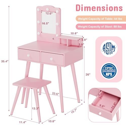 Arlopu Kids Vanity Set and Mirror, Wooden Pretend Play Vanity Table and Chair Set for Girls with Stool, Drawer, Princess Makeup Dress-Up Toy for Toddlers 3+Year Old (Pink) - color: Pink