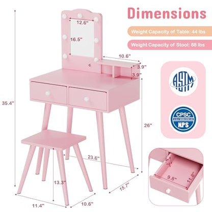 Arlopu Kids Vanity Set and Mirror, Wooden Pretend Play Vanity Table and Chair Set for Girls with Stool, Drawer, Princess Makeup Dress-Up Toy for Toddlers 3+Year Old (Pink) - color: Pink