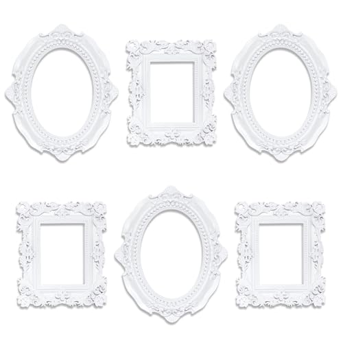 6 Pcs Mini Frames, White Small Vintage Picture Frames Antique Resin Photo Frame for DIY Craft Galley Wall Hanging Jewelry Display Shooting Photo Props Christmas Decor (Without Backings) - color: White, style: Style 1