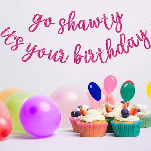 Go Shawty It's Your Birthday Banner, Hip Hop Birthday Party Decorations Supplies, Rap Theme Bday Bunting Sign, Pre-strung, Photo Props (Pink) - color: Pink