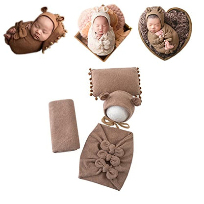 Newborn Baby Boy Girl Photography Props Bow Wrap, Posing Aid, Hat and Blanket Set of 4 Pcs - color: Light Camel