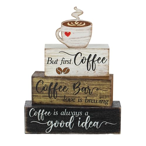 Moucuny 4 Pcs Wooden Coffee Bar Tabletop Decor Coffee Tiered Tray Decor Rustic Wood Bar Sign Gift Farmhouse Table Centerpiece Farmhouse Decorations for Home Kitchen - style: Coffee Bar