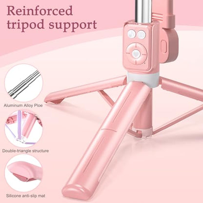 Selfie Stick Tripod with Fill Light, Phone Selfie Stick,Durable Stainless Steel Design,Bluetooth Remote Control,and Stable Three-Legged Support for Live Broadcasts,Video Shooting (Pink) - color: Pink