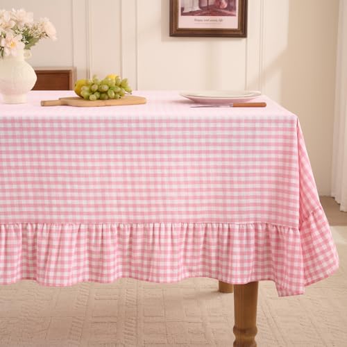 Romanstile Gingham Ruffled Tablecloth Rectangle - Waterproof Linen Cotton Checkered Table Cloth, Outdoor Plaid Table Cover for Picnic, Camping, Party - 60 x 84 Inch, Pink - color: Pink Plaid, size: 60" x 84" (Rectangular)