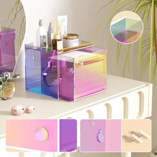 Rainbow Disposable Facial Towels Storage Box Acrylic Container Compatible with Clean Skin Club Clean Towel XL Wall-Mounted Face Towel Organizer with Drawer(Excluding Facial Towels) - color: Rainbow