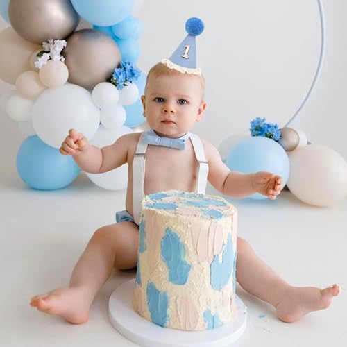 WAOUH Boho 1st Birthday Crown - Unisex Adjustable Baby Hat with Pom Topper, Felt Party Decoration & Photo Props - color: Light Blue