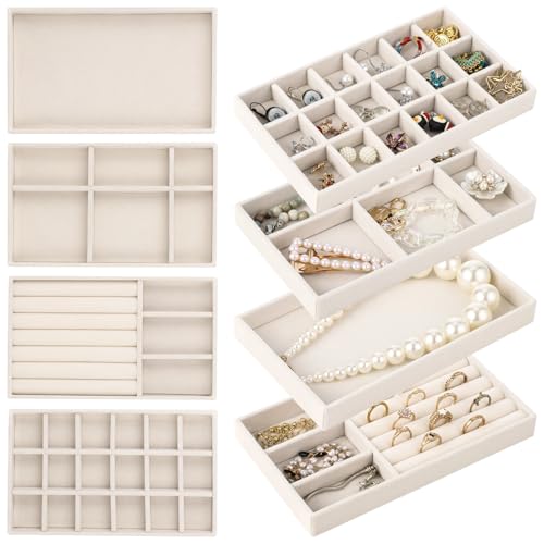 Homaisson Jewelry Drawer Organizer, Velvet Jewelry Tray, Multiple Compartment Layout, Set of 4 Jewelry Organizer for Rings, Earrings, Bracelets, Necklaces (Beige) - color: Beige