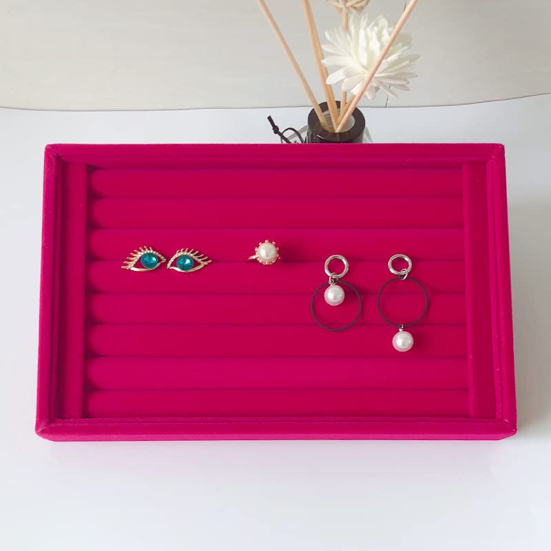 AKOAK 1 Pack Jewelry Display Tray Wooden Flannel Dresser Ring Earring Bracelet Watch Storage Case Portable Display Rack (rose red) - color: rose red