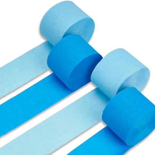 PartyWoo Blue Crepe Paper Streamers 4pcs 328ft Pack of Light Sky Blue Crepe Paper Streamers for Birthday Gender Reveal Baby Shower Graduation Pool Mermaid Under The Sea Theme Party Decorations - color: Blue-9633