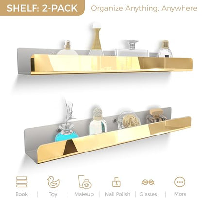 2 Pack 24 Inch Gold Reflective Acrylic Shelves, Gold Foating Shelves, Modern Sunglasses Essential Oil Picture Ledge Display Toy Storage Shelf - color: 24in-gold Mirror